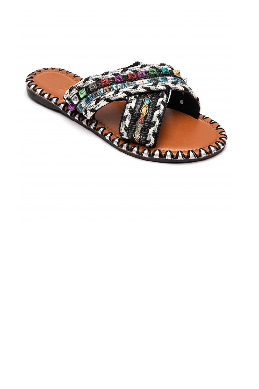 Sandales plates d'été bohèmes à brides croisées, style tribal, noires
