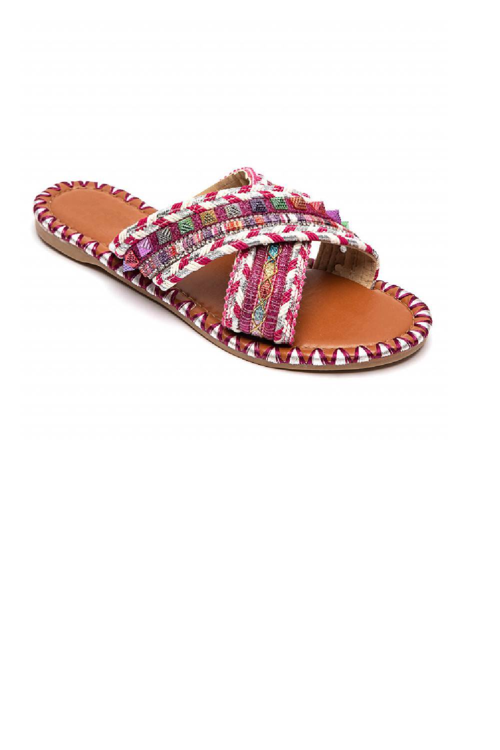 Sandales plates d'été bohèmes à brides croisées, couleur fuchsia