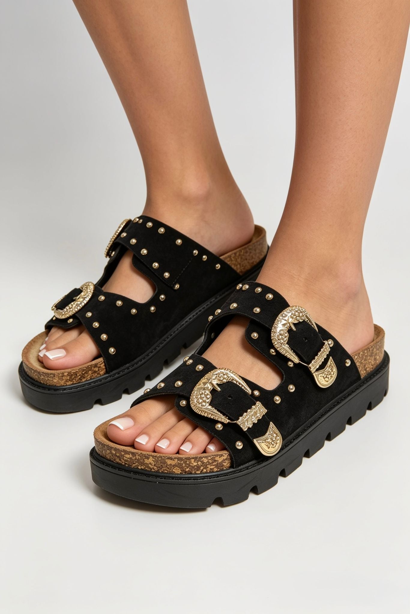 Sandales western noires à plateforme et double bride cloutées