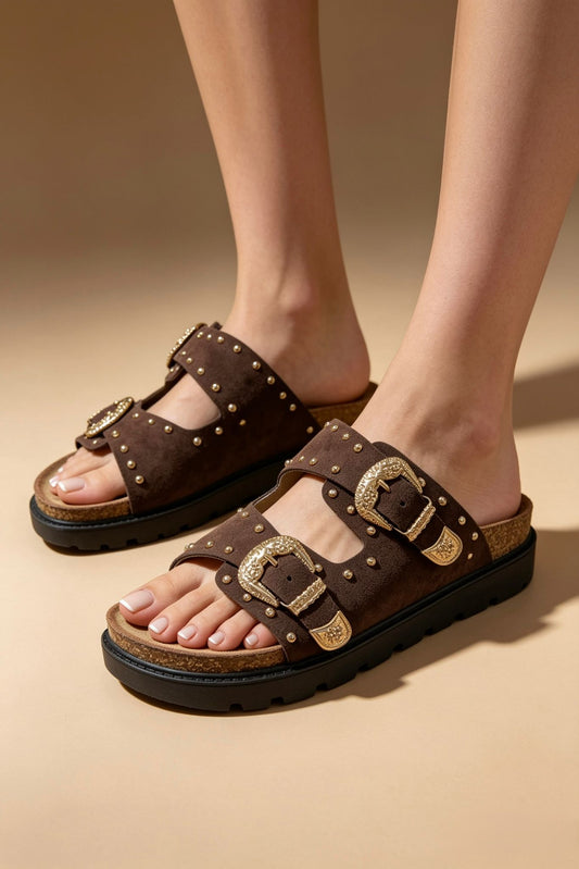 Sandales western marron à plateforme et double bride cloutées